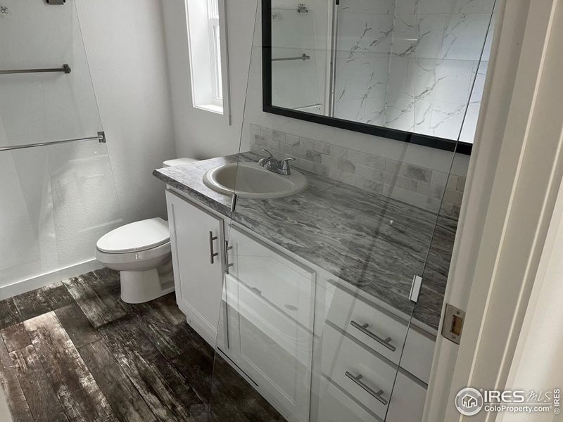 Primary bathroom (doors are hung) Primary bathroom (doors are hung)