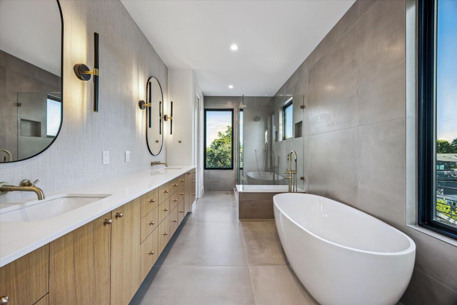 Primary bath with a oval freestanding tub & separate shower & double vanity Primary bath with a oval freestanding tub & separate shower & double vanity