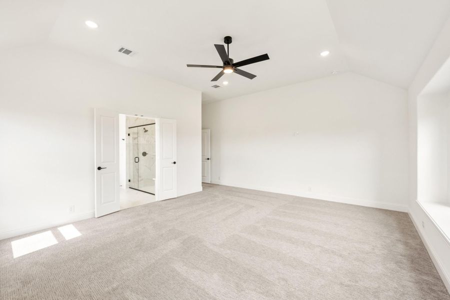 Spacious bedroom with gray carpet, black ceiling fan, and open door to ensuite bathroom with glass shower