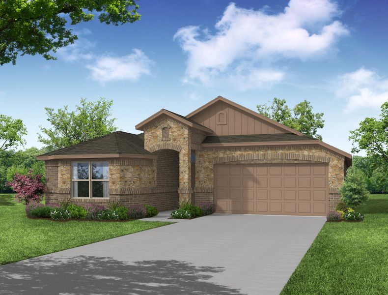 Representative exterior photo of a completed home built from the Boston by Impression Homes in Keeneland, Aubrey, TX (Image 19). Representative exterior photo of a completed home built from the Boston by Impression Homes in Keeneland, Aubrey, TX (Image 19).