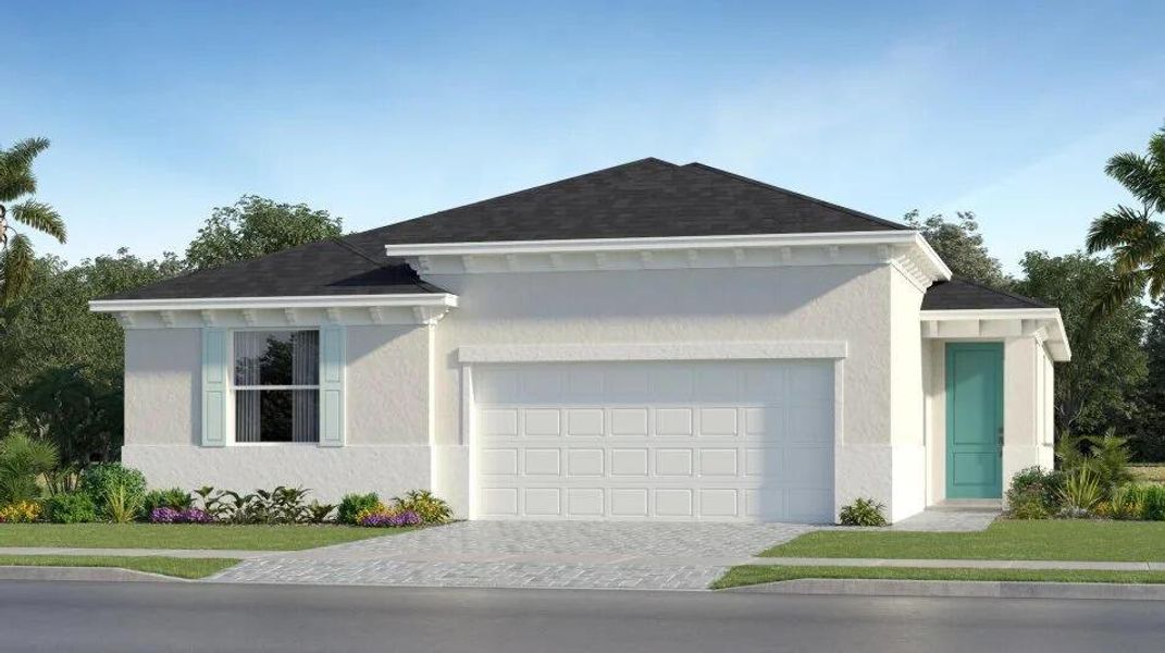 Front exterior of a new home in Seagrove: The Indies, Fort Pierce, FL, highlighting curb appeal (Image 1).