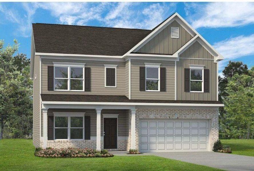 Front exterior of a new home in Allen Manor, Hoschton, GA, highlighting curb appeal (Image 1). Front exterior of a new home in Allen Manor, Hoschton, GA, highlighting curb appeal (Image 1).
