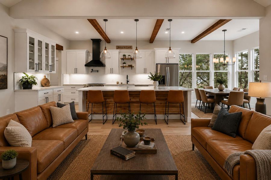 Exposed ceiling beams and rich wood floors anchor this open concept layout.Virtual Staging. Exposed ceiling beams and rich wood floors anchor this open concept layout.Virtual Staging.