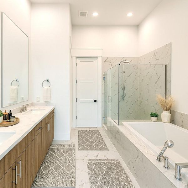 Primary Bathroom with Seated Shower, 6 FT Tub, Hans Grohe Plumbing Fixtures (pic was virtually staged - door hardware is chrome) Primary Bathroom with Seated Shower, 6 FT Tub, Hans Grohe Plumbing Fixtures (pic was virtually staged - door hardware is chrome)