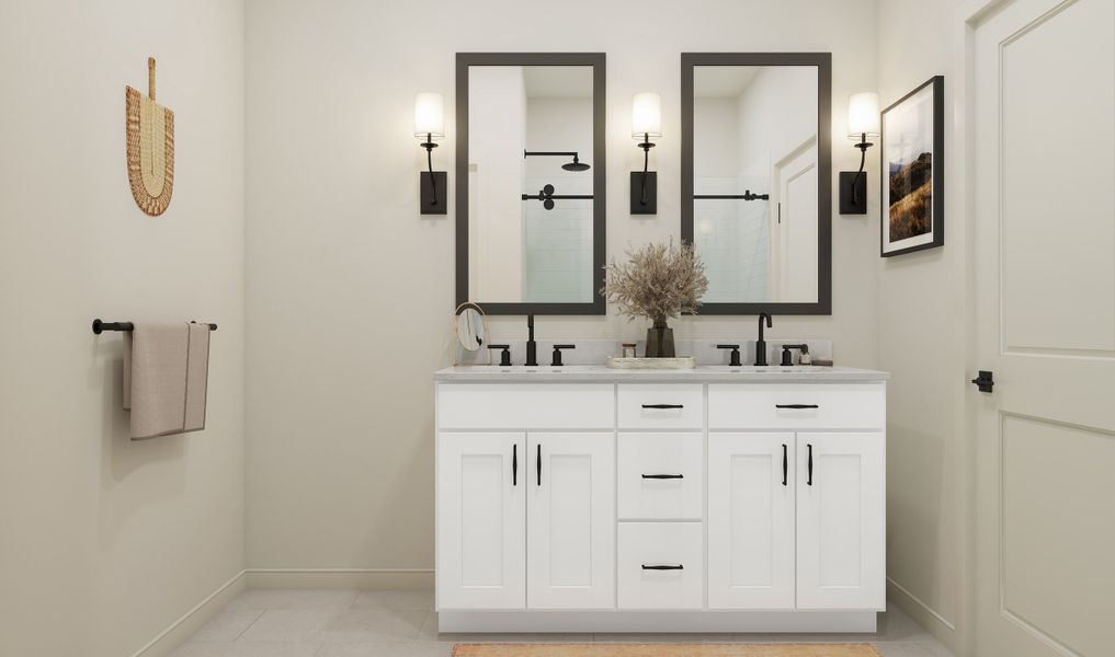 Primary bath with black-framed mirrors and matte black fixtures