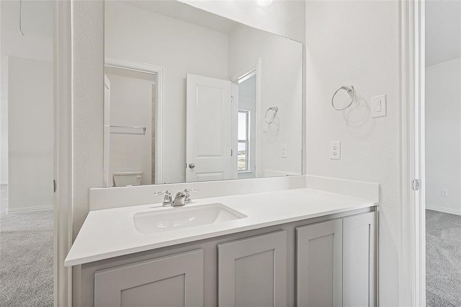 Bathroom with light colored carpet and vanity Bathroom with light colored carpet and vanity