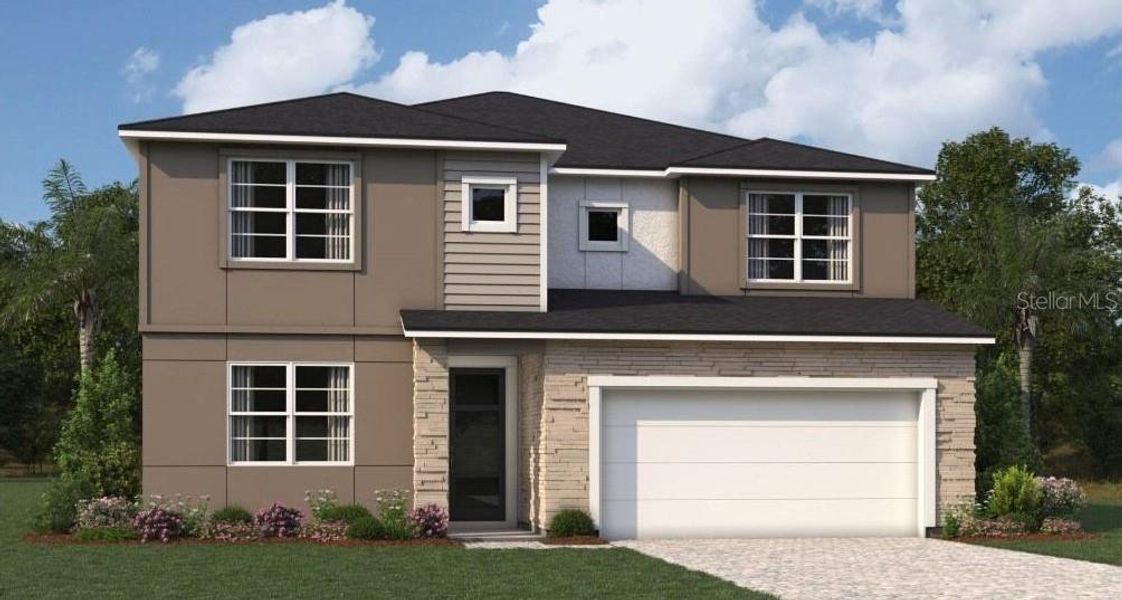Front exterior of a new home in Crosswind Ranch, Parrish, FL, highlighting curb appeal (Image 1). Front exterior of a new home in Crosswind Ranch, Parrish, FL, highlighting curb appeal (Image 1).