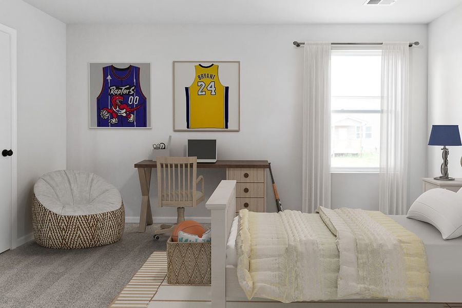 A bedroom with a bed and a chair. A bedroom with a bed and a chair.