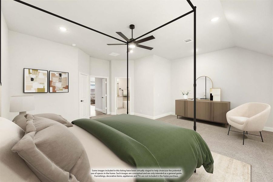 Spacious master bedroom with black four-poster bed frame, ceiling fan, and carpet flooring