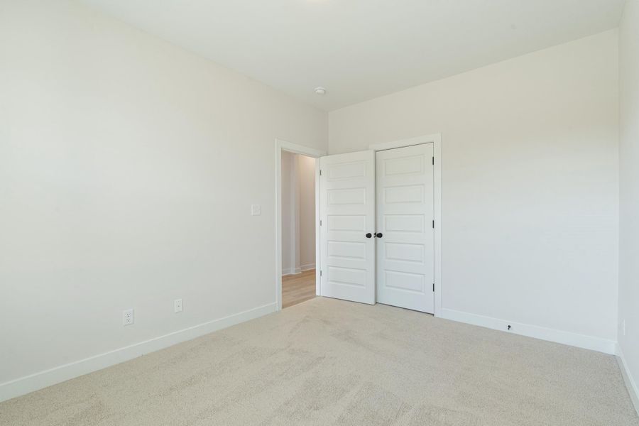 Plush carpet flooring, white painted walls, white trim, and a recessed ceiling light fixture