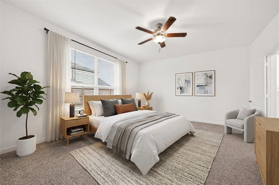 Downstairs Primary Bedroom: The primary suite is tucked privately at the back of the home and offers plush carpet and backyard views. Virtual staging Downstairs Primary Bedroom: The primary suite is tucked privately at the back of the home and offers plush carpet and backyard views. Virtual staging