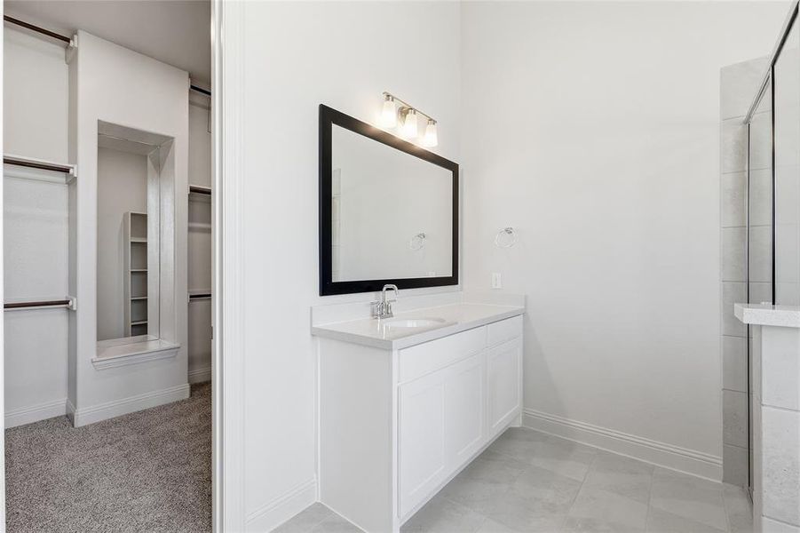 Full bathroom with a walk in closet, vanity, and a tile shower