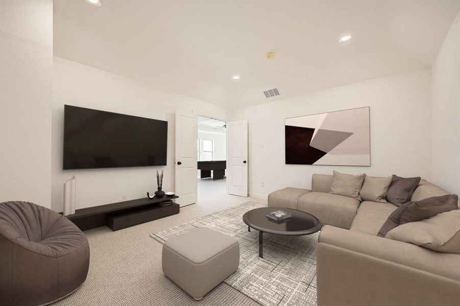 Virtually Staged Photo Carpeted living room featuring recessed lighting and baseboards