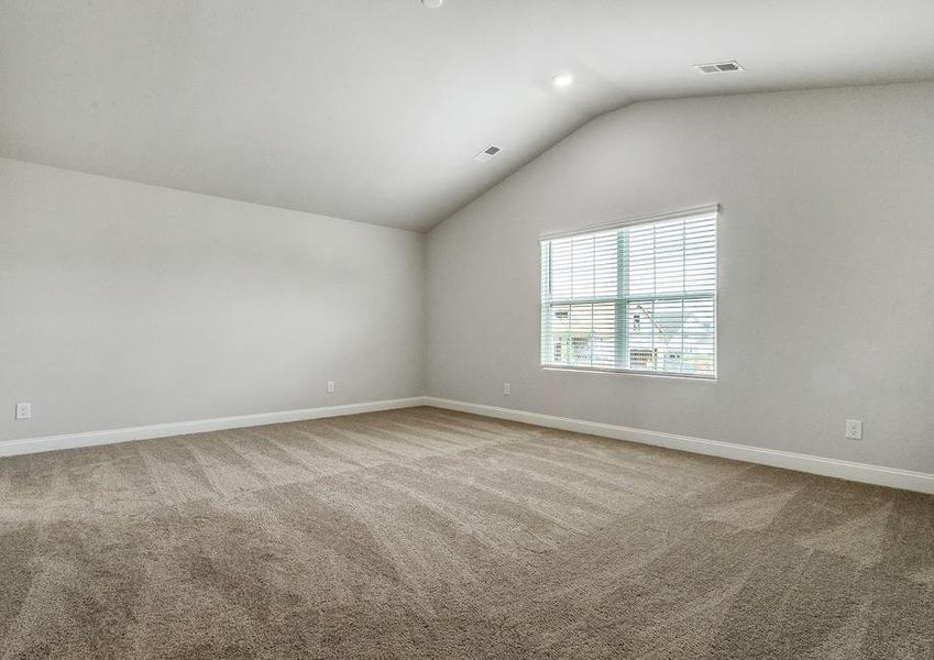 Master bedroom with carpet and a window.