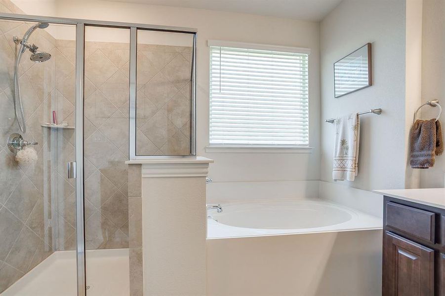 Full bath featuring a stall shower, a bath, and vanity Full bath featuring a stall shower, a bath, and vanity