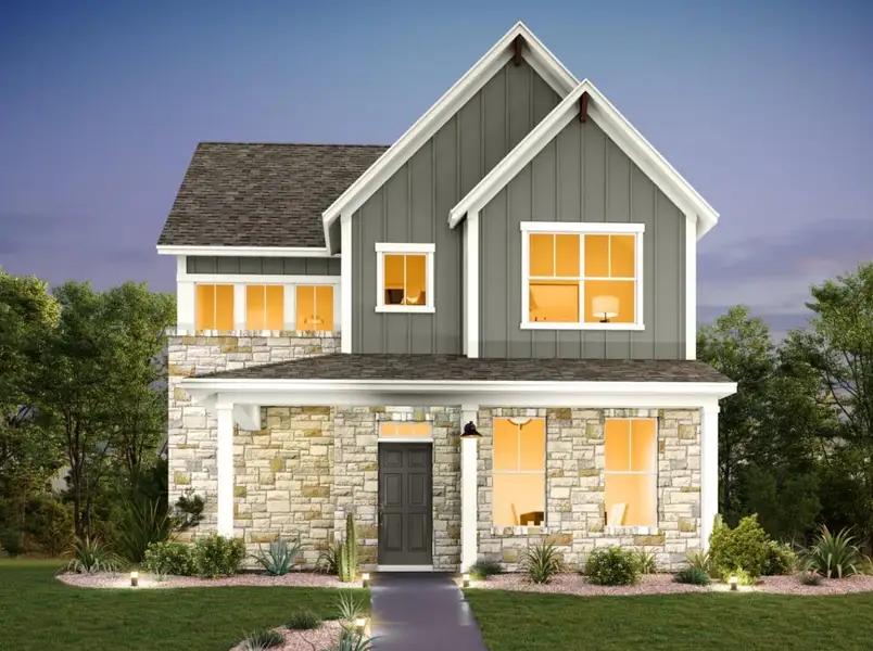 Front exterior of a new home in Lariat, Liberty Hill, TX, highlighting curb appeal (Image 1). Front exterior of a new home in Lariat, Liberty Hill, TX, highlighting curb appeal (Image 1).