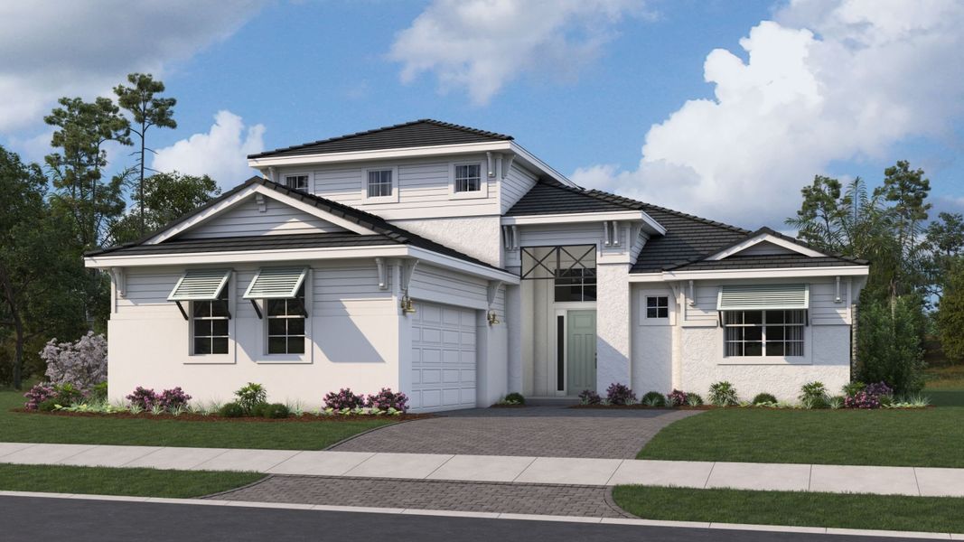 Representative exterior photo of a completed home built from the Rebecca by Kolter Homes in Esprit at Avenir, Palm Beach Gardens, FL (Image 23). Representative exterior photo of a completed home built from the Rebecca by Kolter Homes in Esprit at Avenir, Palm Beach Gardens, FL (Image 23).