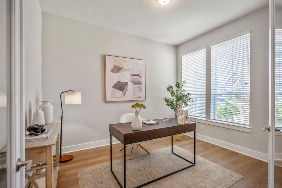 You’re going to love the morning commute to this spacious private study, where modern glass French doors, LVP flooring, neutral paint and front yard views create a bright, comfortable place to focus and get things done.