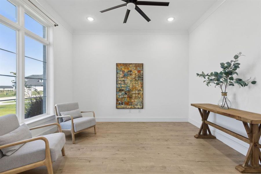 Living area featuring light wood-type flooring, crown molding, and ceiling fan