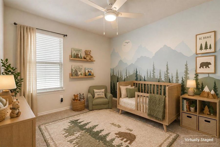 Carpeted room featuring a ceiling fan with light, a window with blinds, and wall-mounted shelving Carpeted room featuring a ceiling fan with light, a window with blinds, and wall-mounted shelving