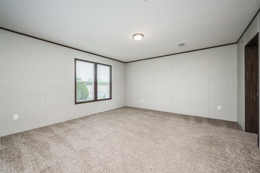 Empty room with light colored carpet, crown molding, and a decorative wall Empty room with light colored carpet, crown molding, and a decorative wall
