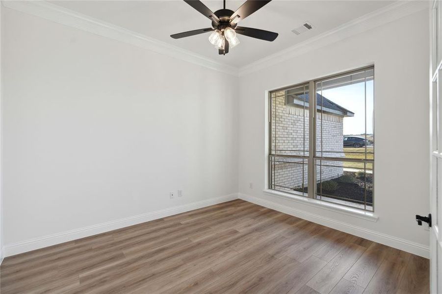 Spare room featuring ceiling fan, hardwood / wood-style flooring, and crown molding