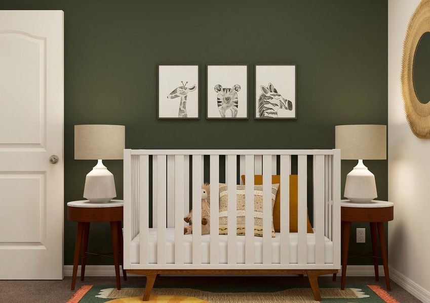 Rendering of a bedroom used a a nursery with a crib Rendering of a bedroom used a a nursery with a crib