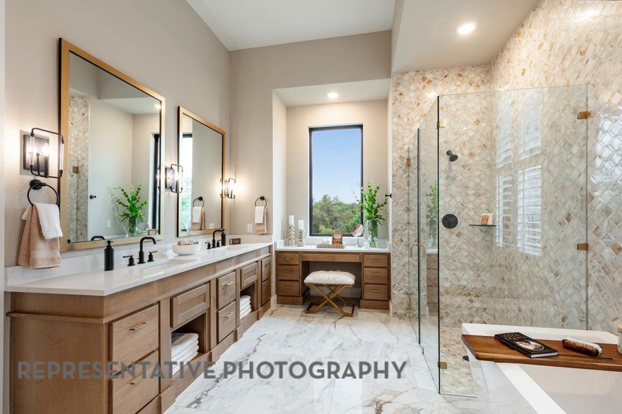 Bathroom featuring a sink, double vanity, a tile shower, recessed lighting, and marble finish floor Bathroom featuring a sink, double vanity, a tile shower, recessed lighting, and marble finish floor