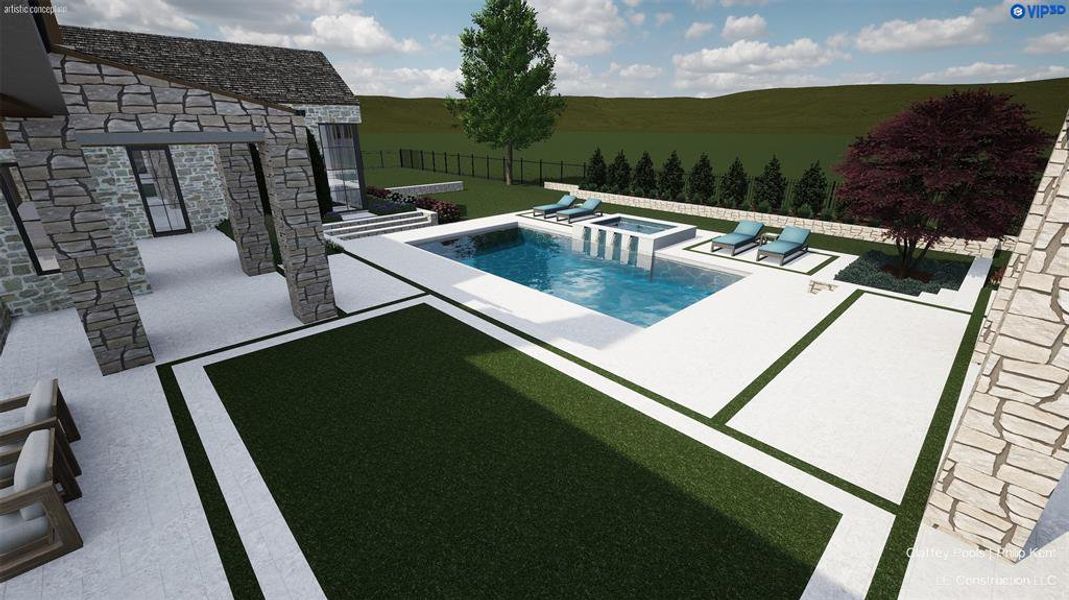 Expansive patio area featuring a rectangular pool with an integrated spa, extensive white paving, a manicured lawn area, and mature perimeter trees Expansive patio area featuring a rectangular pool with an integrated spa, extensive white paving, a manicured lawn area, and mature perimeter trees