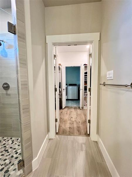 A great convenience feature of this home, go straight from you primary bedroom into your primary bath, then through your over sized walk-in closet and then directly to your laundry room which has access to the garage or kitchen area from they laundry area.