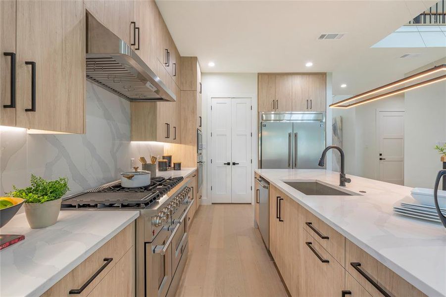 Kitchen with light hardwood / wood-style floors, sink, high quality appliances, and light stone countertops