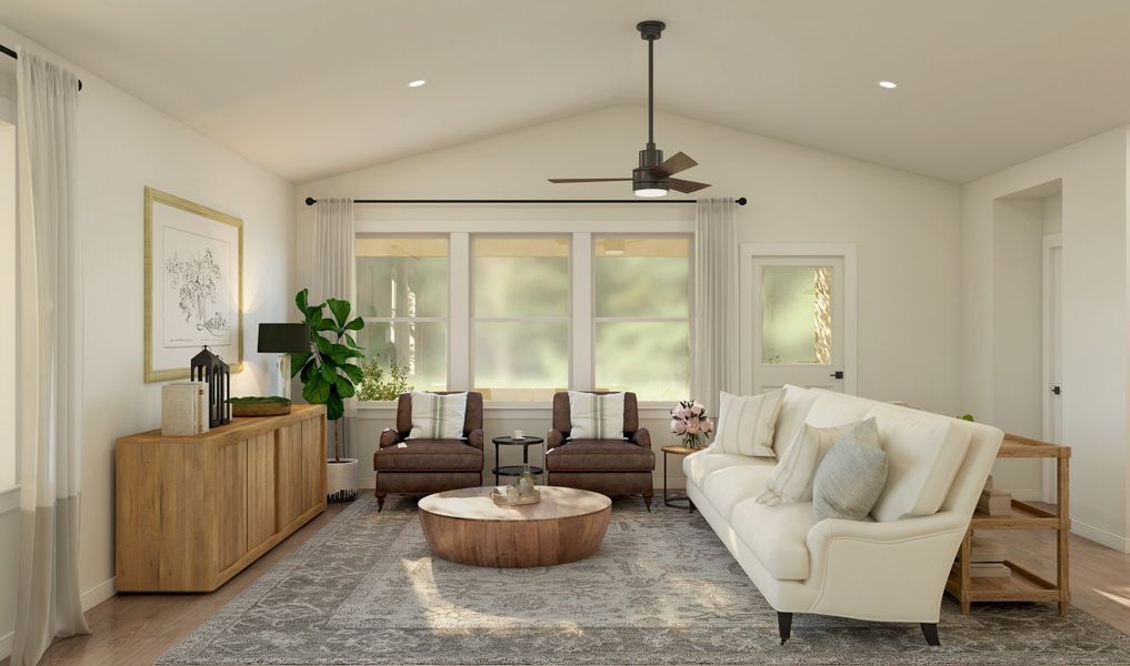 Gorgeous great room with striking tile flooring