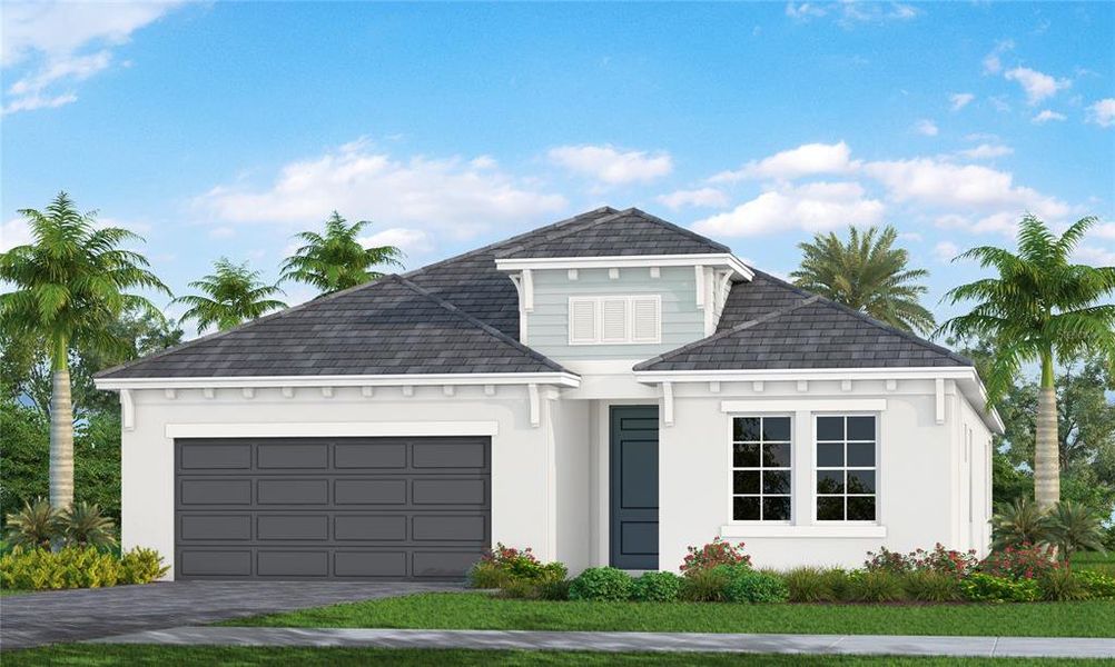 Front exterior of a new home in Windward, Lakewood Ranch, FL, highlighting curb appeal (Image 2). Front exterior of a new home in Windward, Lakewood Ranch, FL, highlighting curb appeal (Image 2).
