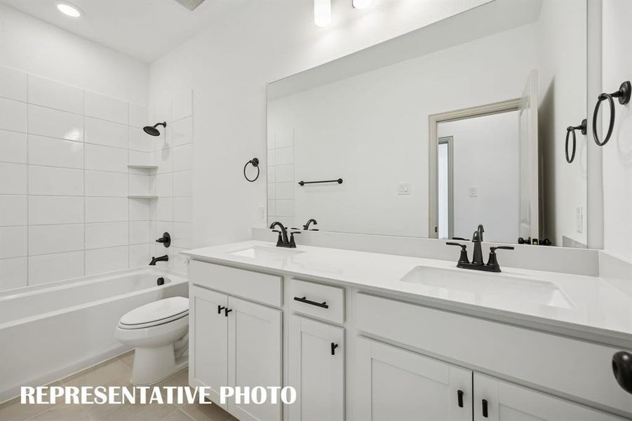 With vanity space for two, friends and family will enjoy their own space in this thoughtfully designed guest bath.  REPRESENTATIVE PHOTO