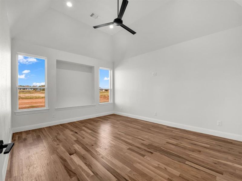 Unfurnished room with light hardwood / wood-style floors, high vaulted ceiling, plenty of natural light, and ceiling fan