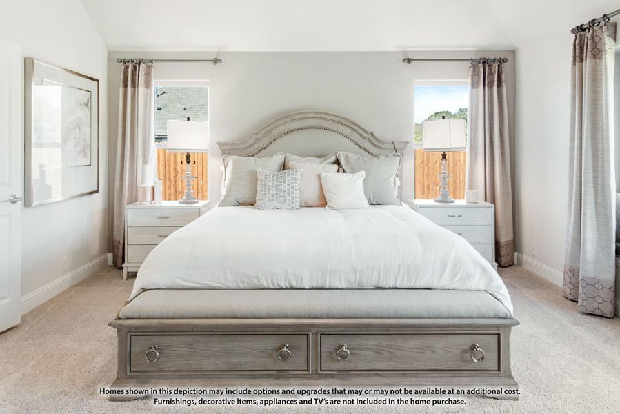 Master bedroom with gray storage bed frame, white bedding, two nightstands, and windows with curtains on carpet flooring Master bedroom with gray storage bed frame, white bedding, two nightstands, and windows with curtains on carpet flooring