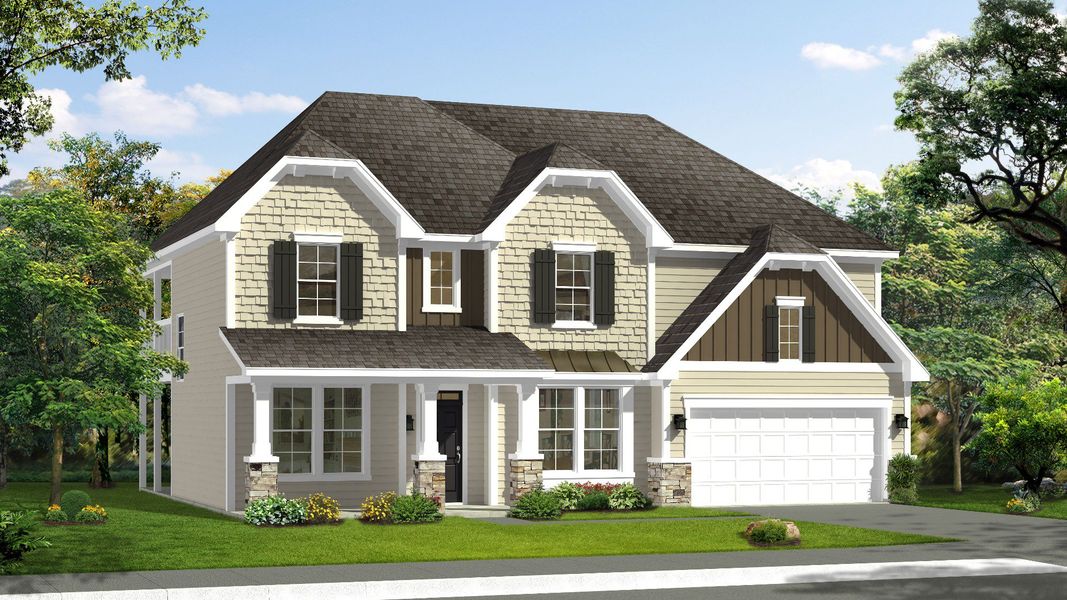 Representative exterior photo of a completed home built from the Stonefield by DRB Homes in Michaux Gardens, Belmont, NC (Image 4). Representative exterior photo of a completed home built from the Stonefield by DRB Homes in Michaux Gardens, Belmont, NC (Image 4).