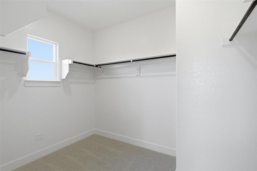 Walk in closet with light colored carpet
