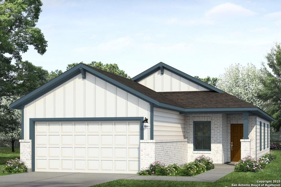 Front exterior of a new home in Hunters Ranch, San Antonio, TX, highlighting curb appeal (Image 1).