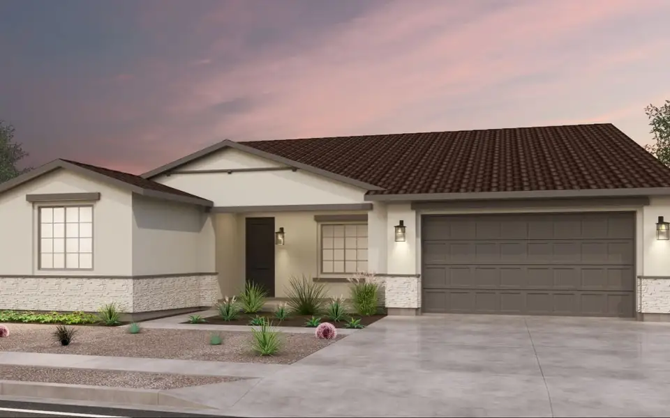 Front exterior of a new home in Blossom Rock, Apache Junction, AZ, highlighting curb appeal (Image 1). Front exterior of a new home in Blossom Rock, Apache Junction, AZ, highlighting curb appeal (Image 1).