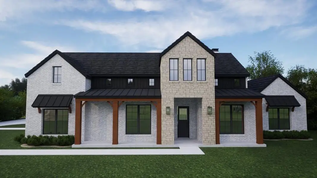 Front exterior of a new home in Santana Ridge - Brock ISD, Weatherford, TX, highlighting curb appeal (Image 1). Front exterior of a new home in Santana Ridge - Brock ISD, Weatherford, TX, highlighting curb appeal (Image 1).