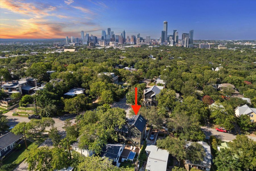 Aerial overview of property's location with Austin’s Downtown skyline Aerial overview of property's location with Austin’s Downtown skyline