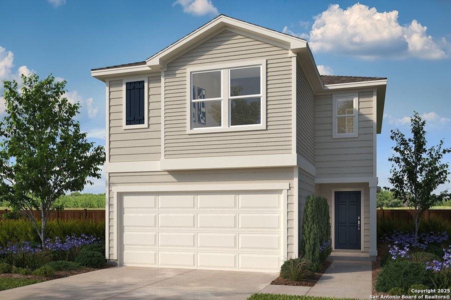 Front exterior of a new home in Medina Crossing, Von Ormy, TX, highlighting curb appeal (Image 1).