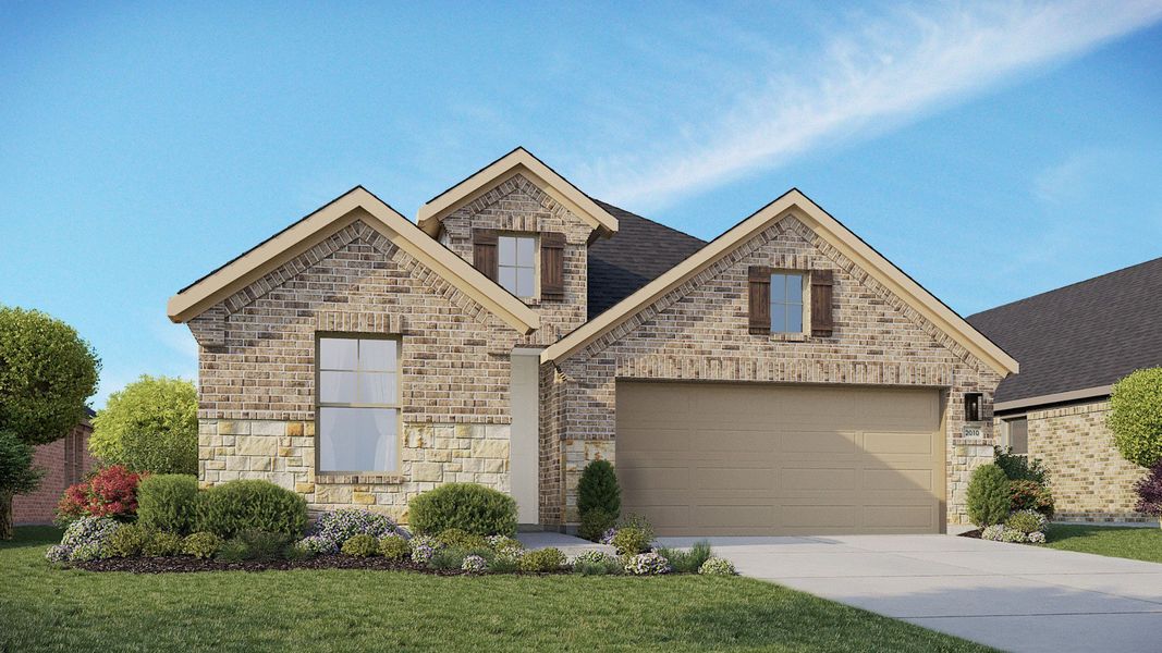 Representative exterior photo of a completed home built from the Fiji by DRB Homes in Stream Waters, Seguin, TX (Image 2). Representative exterior photo of a completed home built from the Fiji by DRB Homes in Stream Waters, Seguin, TX (Image 2).