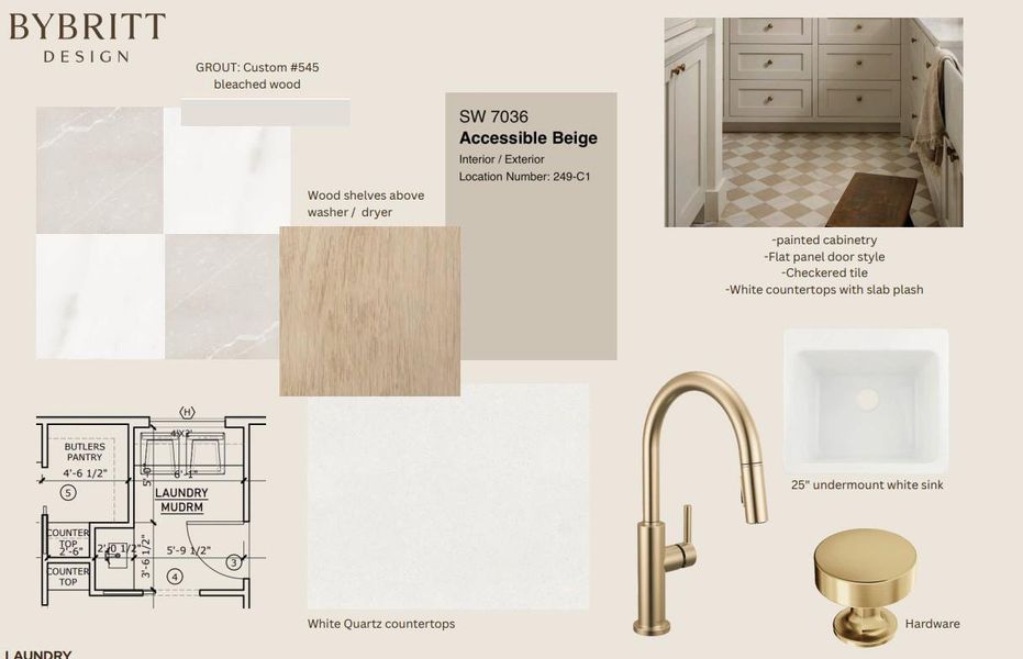 Visualize your future laundry room with this detailed design board, showcasing elegant cabinetry, a utility sink, and stylish hardware.