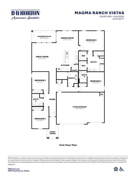 2D floor plan layout for the Courtland by D.R. Horton in Magma Ranch Vistas, Florence, AZ (Image 5).