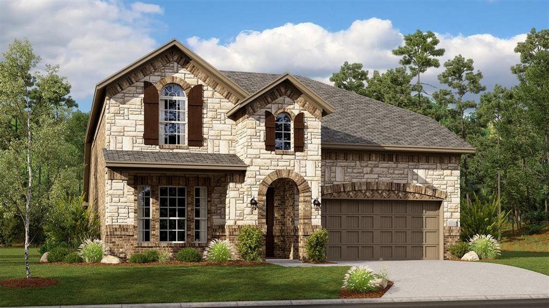 Front exterior of a new home in Legacy Hills: Brookstone 60's, Celina, TX, highlighting curb appeal (Image 1).