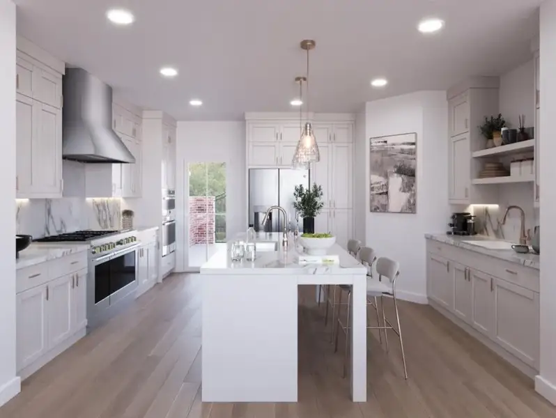 Kitchen featuring a central island, recessed lighting, wood-finish flooring, stainless steel appliances, and white cabinetry.  Digital Images do not show the actual finishes; this home is complete with a elegant wood hood, waterfall quartz island and a B