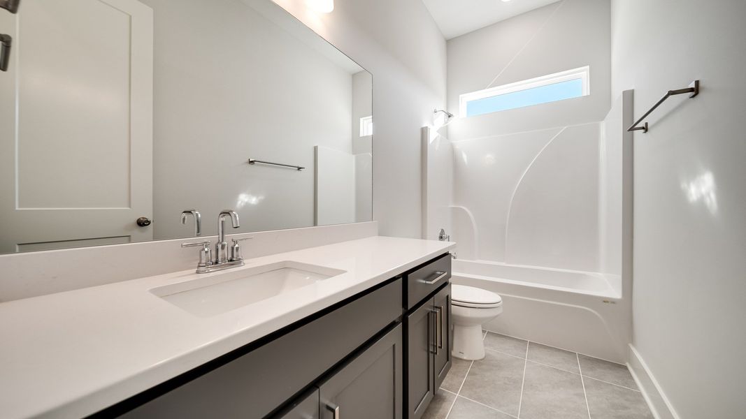 Vanity sink, toilet, and shower.