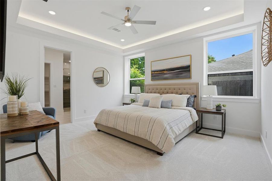 The first-floor primary suite * 212 sq ft of private, beautifully finished retreat space with a 169 sq ft walk-in closet and spa-level bath The first-floor primary suite * 212 sq ft of private, beautifully finished retreat space with a 169 sq ft walk-in closet and spa-level bath